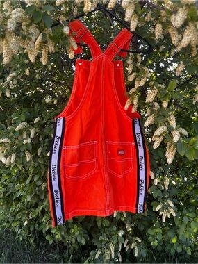 dickies red overall dress Women's small solid red Dickies short overall bib dress jumper cargo pockets